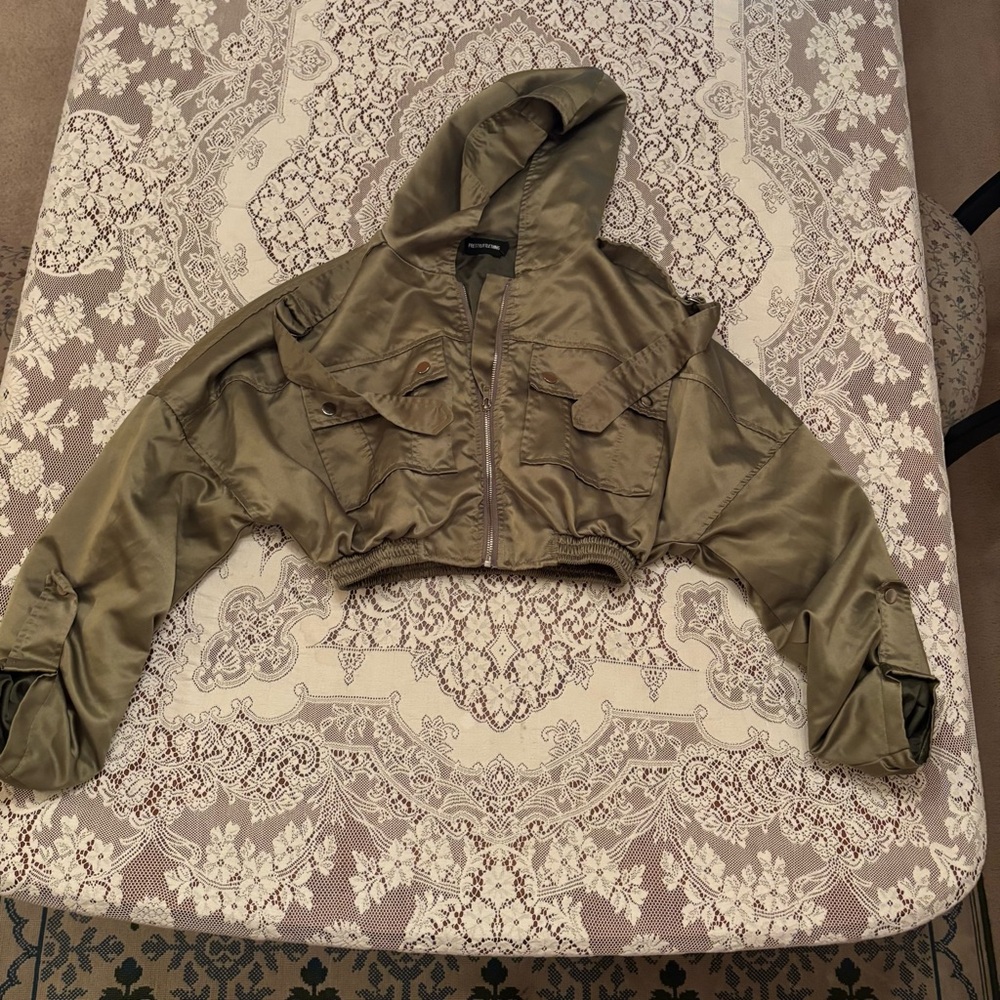 army green satin prettylittlething jacket size 0